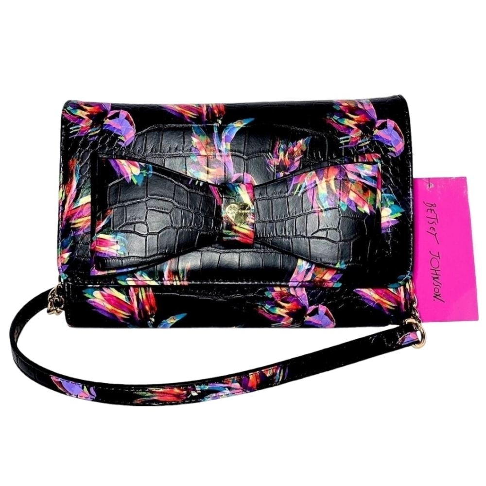 Betsey Johnson Xodani Black Floral Bow Front Clutch Crossbody Bag, NWOT